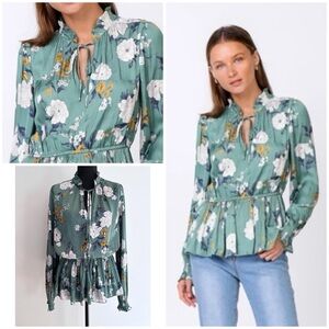 EUC Anthropologie Current Air Floral Pleated Peplum Long Sleeves Boho Blouse L